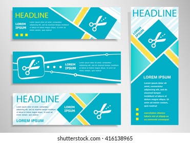 Scissors icon with cut lines  on vertical and horizontal banner. Modern abstract flyer, banner design template. 