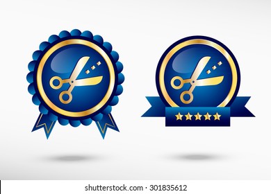 Scissors icon with cut lines stylish quality guarantee badges. Blue colorful promotional labels