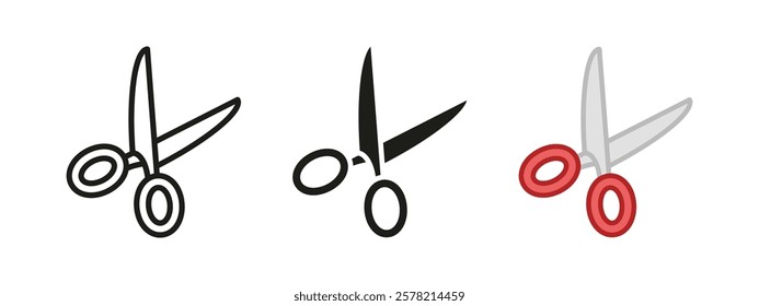 Scissors icon. Cut symbol. Shears vector illustration. Hairdresser salon symbol. Haircut tool sign. Simple clipper pictogram. Red outline, line, black and colored scissors concept isolated.