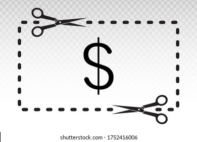 scissors icon cutting coupons and dollar sign with dotted line for apps and websites