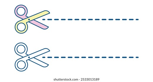 Ícone de tesoura com linha de recorte, Vetor de tesoura com linha de recorte pontilhada, Tesoura minimalista com linha traço