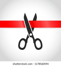 Scissors icon and Cutting Red Ribbon. Vector illustration