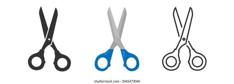 Scissors icon. Scissors in different styles. Vector drawn on white background.