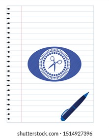scissors icon draw with pen effect. Blue ink. Vector Illustration. Detailed.