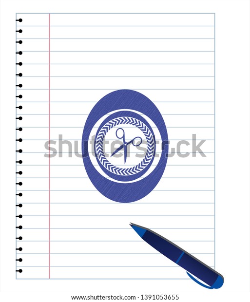 scissors icon draw (pen strokes). Blue ink.\
Vector Illustration.\
Detailed.