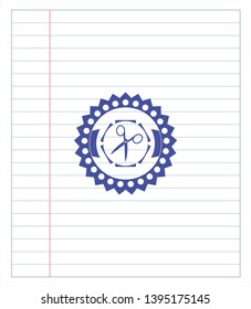 scissors icon drawn with pen strokes. Blue ink. Vector Illustration. Detailed.
