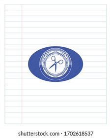 scissors icon drawn with pen strokes. Blue ink. Vector Illustration. Detailed. 