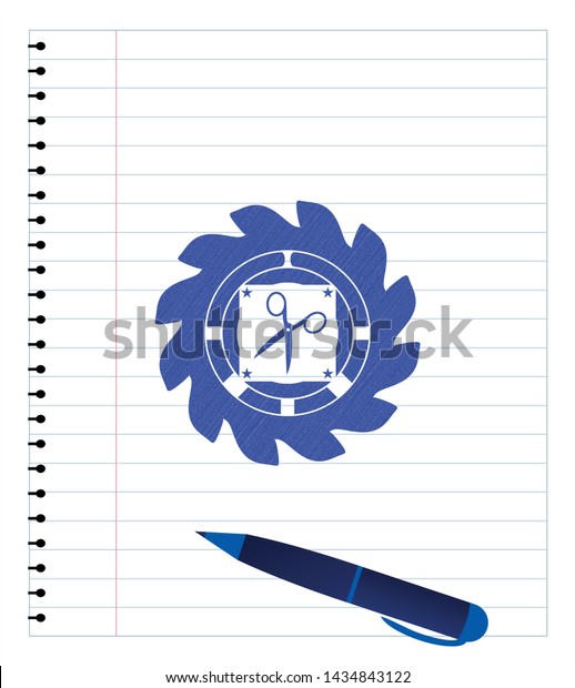 scissors icon emblem with pen effect. Blue ink.\
Vector Illustration.\
Detailed.