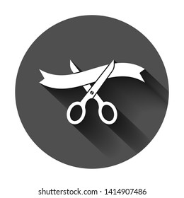 Scissors icon in flat style. Cutting ribbon vector illustration on black round background with long shadow. Ceremonial business concept.