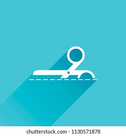scissors icon. Gray icon with long shadow in bottom left corner on blue background