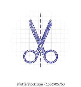 scissors icon. Hand drawn sketched picture with scribble fill. Blue ink. Doodle on white background