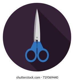 Scissors icon. Illustration in flat style. Round icon with long shadow.
