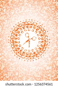 scissors icon inside abstract emblem, orange mosaic background