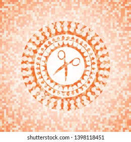 scissors icon inside abstract emblem, orange mosaic background