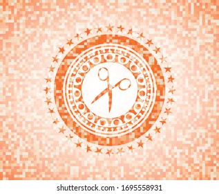 scissors icon inside abstract emblem, orange mosaic background