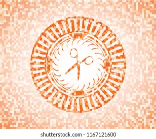 scissors icon inside abstract orange mosaic emblem
