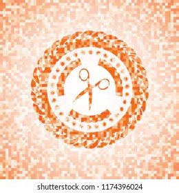 scissors icon inside abstract orange mosaic emblem