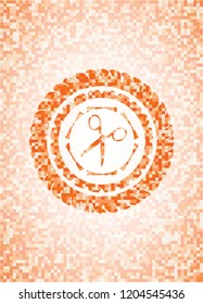 scissors icon inside abstract orange mosaic emblem