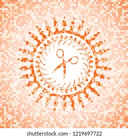 scissors icon inside abstract orange mosaic emblem