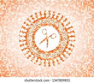 scissors icon inside abstract orange mosaic emblem