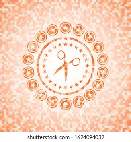 scissors icon inside abstract orange mosaic emblem