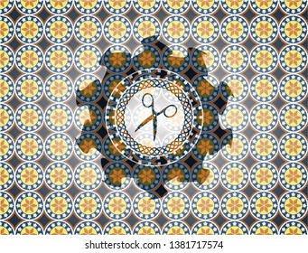 scissors icon inside arabic badge background. Arabesque decoration.