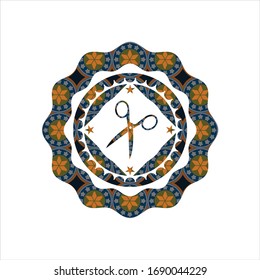 scissors icon inside arabic emblem. Arabesque decoration.