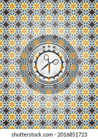 scissors icon inside arabic emblem background. Arabesque decoration. 