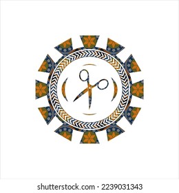 scissors icon inside arabic emblem. Arabesque decoration. 