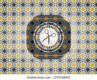 scissors icon inside arabic style badge. Arabesque decoration.