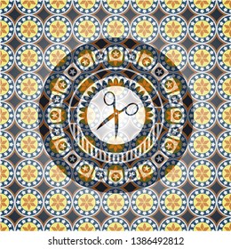 scissors icon inside arabic style badge. Arabesque decoration.