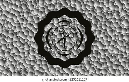 scissors icon inside black emblem with grey bubbles background. Vector Illustration. Detailed. 