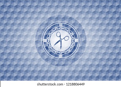 scissors icon inside blue badge with geometric background.