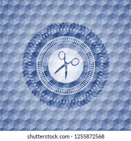 scissors icon inside blue badge with geometric pattern.