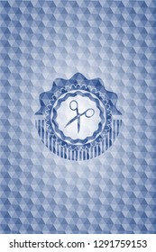 scissors icon inside blue badge with geometric pattern.