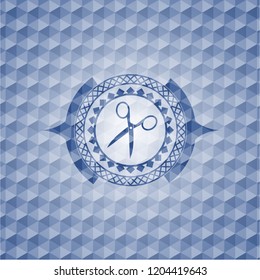 scissors icon inside blue emblem or badge with geometric pattern background.