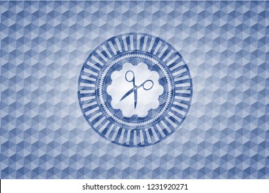 scissors icon inside blue emblem or badge with abstract geometric polygonal pattern background.