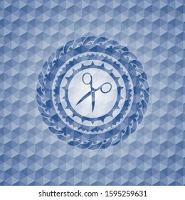 scissors icon inside blue emblem or badge with abstract geometric polygonal pattern background.