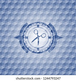scissors icon inside blue polygonal emblem.