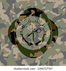 scissors icon inside camouflage emblem