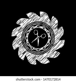 scissors icon inside chalkboard emblem on black board
