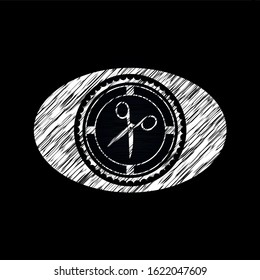 scissors icon inside chalkboard emblem on black board
