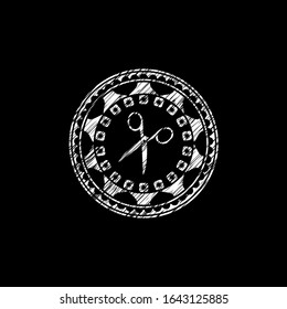 scissors icon inside chalkboard emblem written on a blackboard