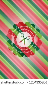 scissors icon inside christmas colors badge.