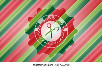 scissors icon inside christmas colors badge.