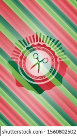 scissors icon inside christmas colors emblem.