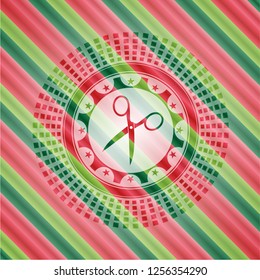 scissors icon inside christmas emblem.