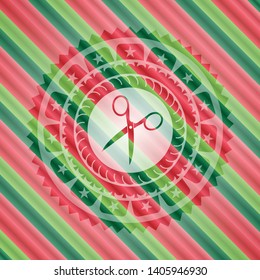 scissors icon inside christmas emblem background.