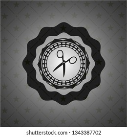 scissors icon inside dark emblem. Retro