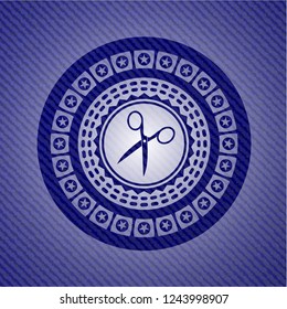 scissors icon inside emblem with jean high quality background